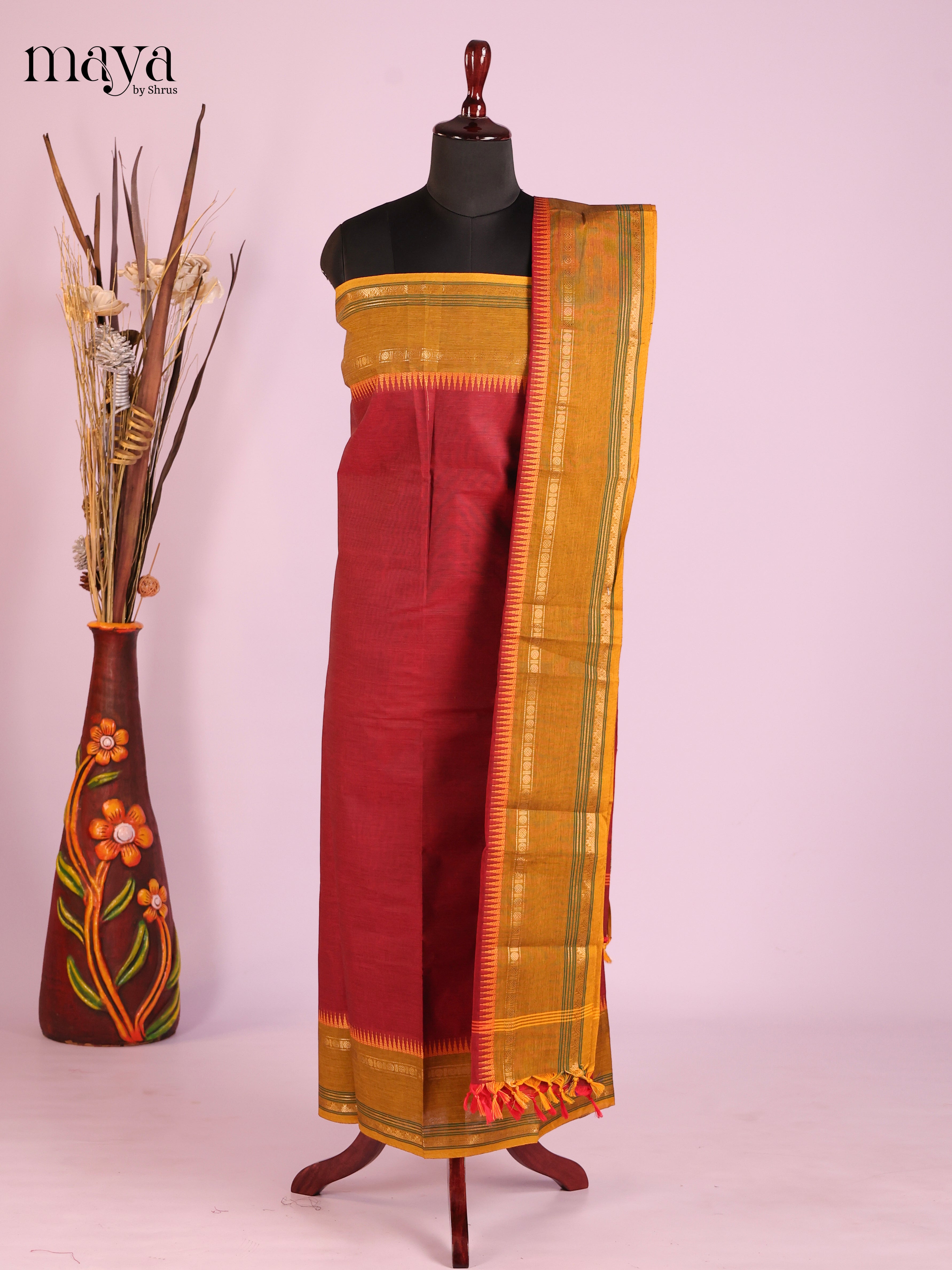 Classic Maroon Chettinad Cotton Salwar Material (Top & Dupatta Only)