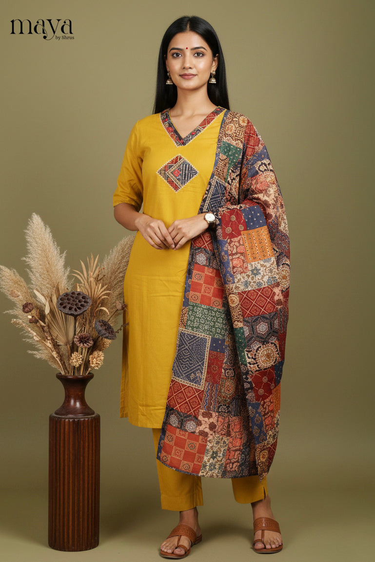 Vibrant Mustard Readymade Salwar Set with V Neck & Patchwork Printed Dupatta