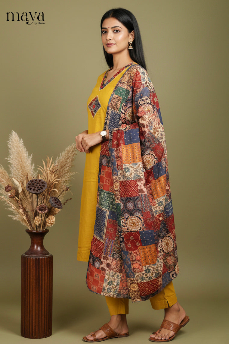 Vibrant Mustard Readymade Salwar Set with V Neck & Patchwork Printed Dupatta