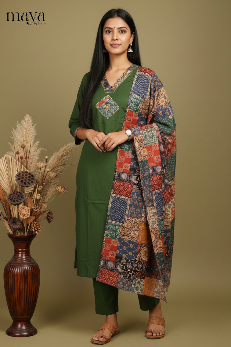 Unique Green Readymade Salwar Set with V Neck & Patchwork Printed Dupatta