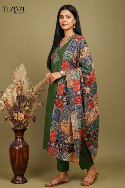 Unique Green Readymade Salwar Set with V Neck & Patchwork Printed Dupatta