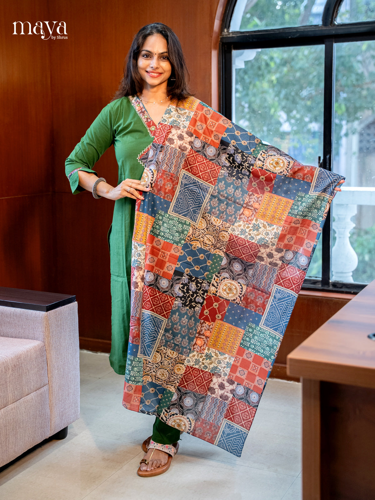 Unique Green Readymade Salwar Set with V Neck & Patchwork Printed Dupatta