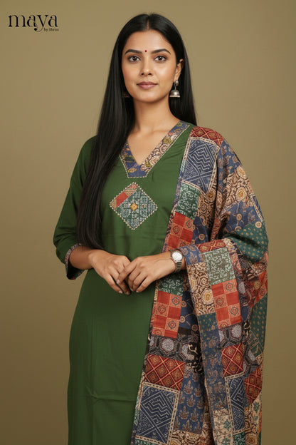 Unique Green Readymade Salwar Set with V Neck & Patchwork Printed Dupatta