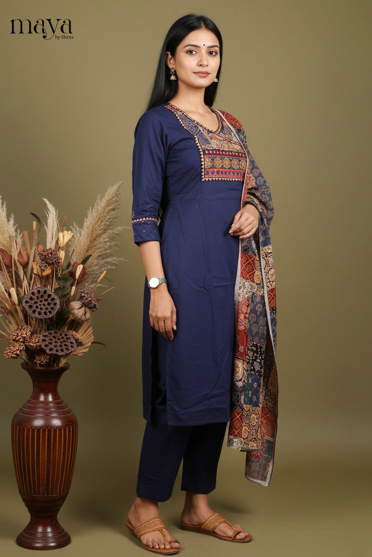 Chic Navy Blue Cotton Salwar Set with Printed Yoke Neck & Patchwork Duppatta