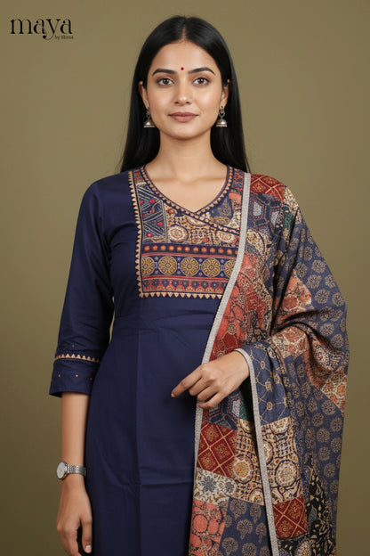 Chic Navy Blue Cotton Salwar Set with Printed Yoke Neck & Patchwork Duppatta