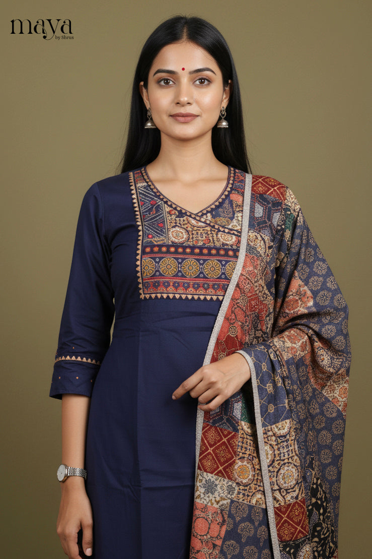 Chic Navy Blue Cotton Salwar Set with Printed Yoke Neck & Patchwork Duppatta