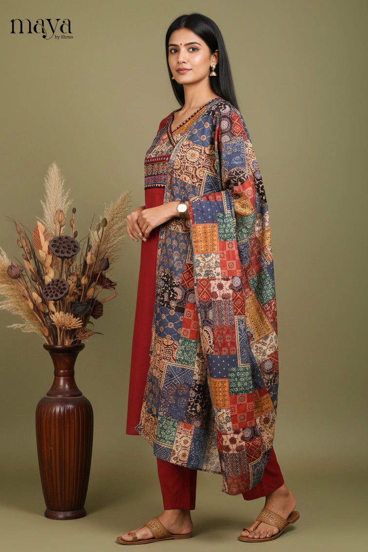 Striking Maroon Salwar Set with Yoke Neck & Patchwork design duppatta