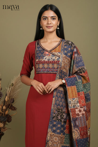 Striking Maroon Salwar Set with Yoke Neck & Patchwork design duppatta