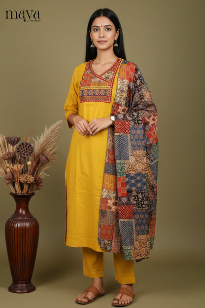 Luminous Yellow Readymade Salwar Set with Printed Yoke Neck