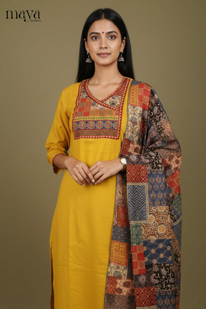 Luminous Yellow Readymade Salwar Set with Printed Yoke Neck