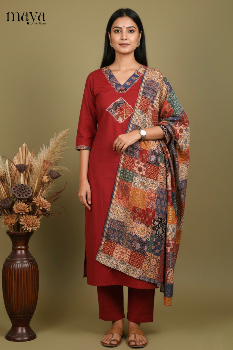 Striking Maroon Cotton Salwar Set with Printed Yoke Neck & Patchwork Duppatta