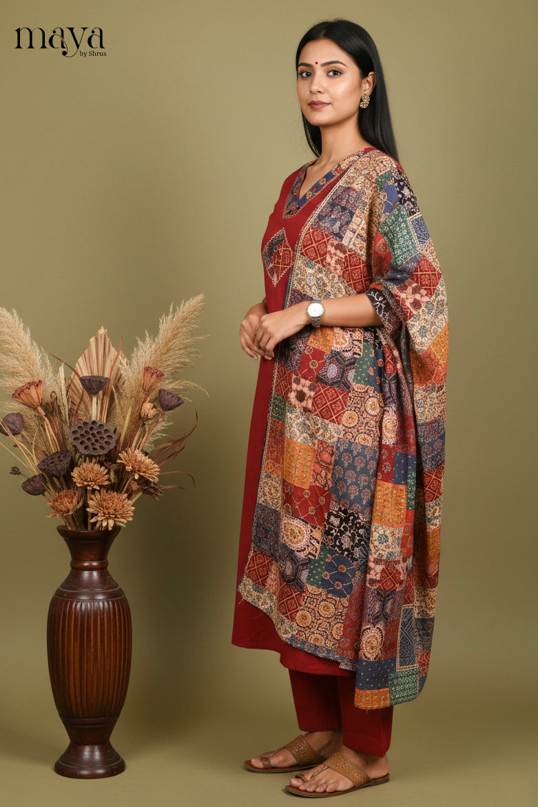 Striking Maroon Cotton Salwar Set with Printed Yoke Neck & Patchwork Duppatta