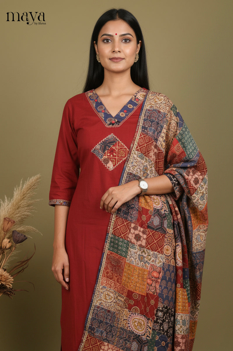 Striking Maroon Cotton Salwar Set with Printed Yoke Neck & Patchwork Duppatta