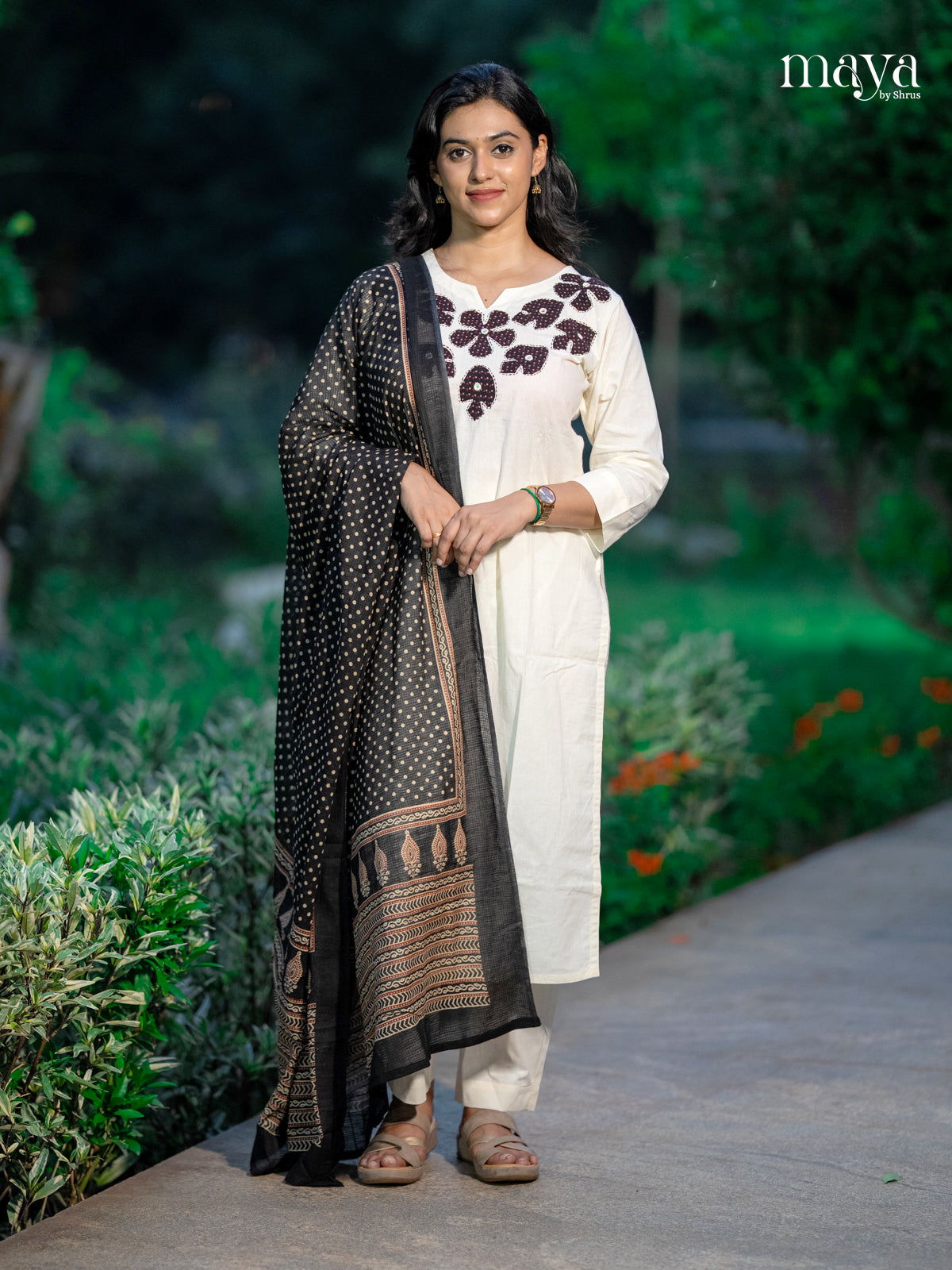 Chic Off white salwar suit With Embroidered Neckline & Printed Dupatta