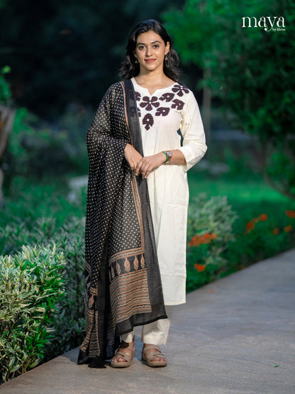 Chic Off white salwar suit With Embroidered Neckline & Printed Dupatta
