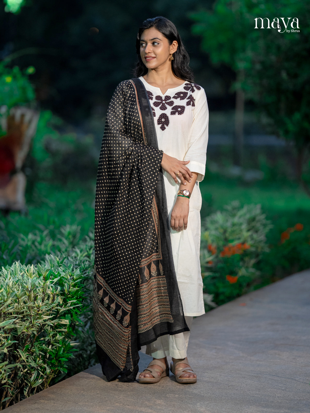 Chic Off white salwar suit With Embroidered Neckline & Printed Dupatta
