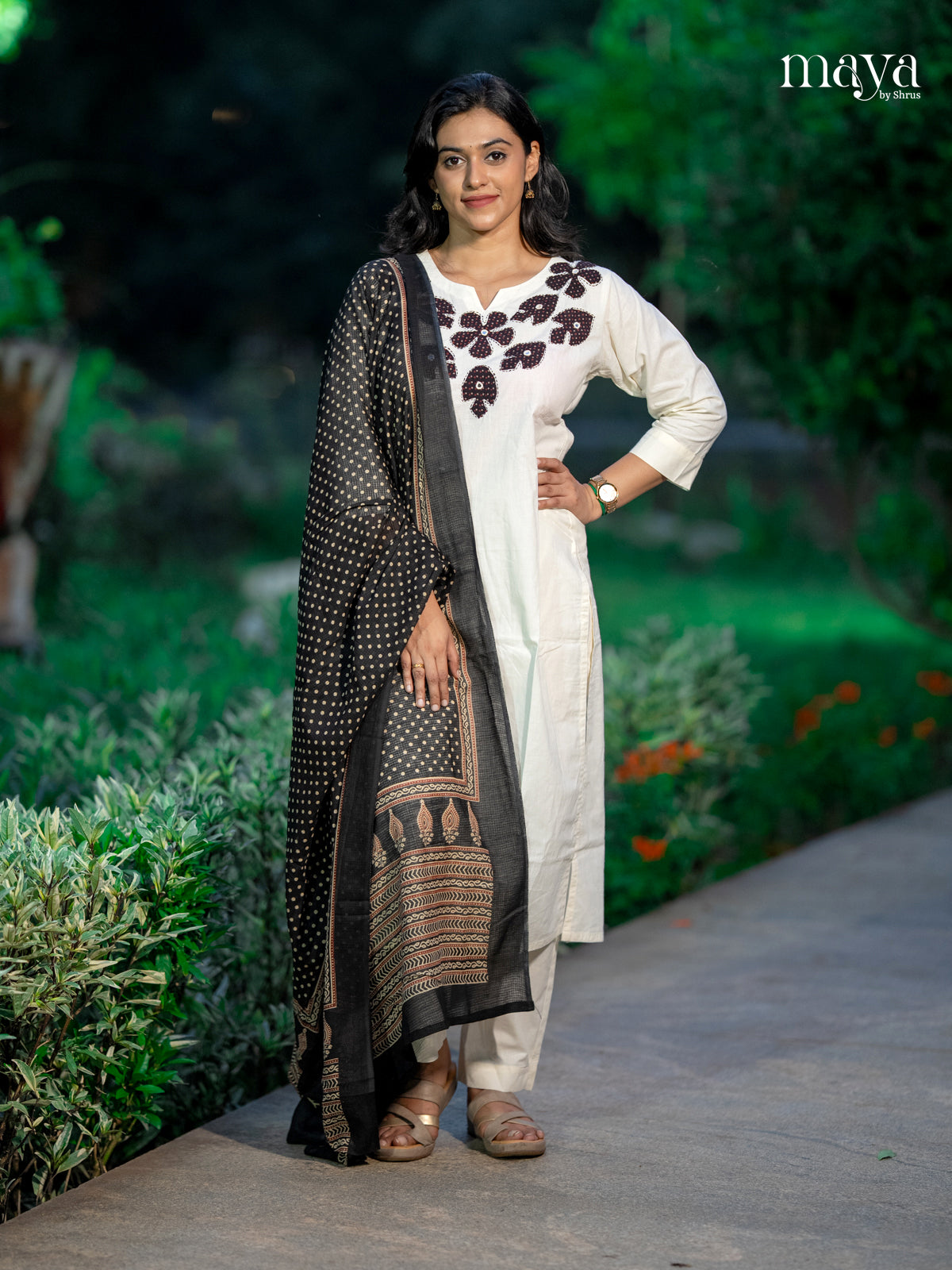 Chic Off white salwar suit With Embroidered Neckline & Printed Dupatta