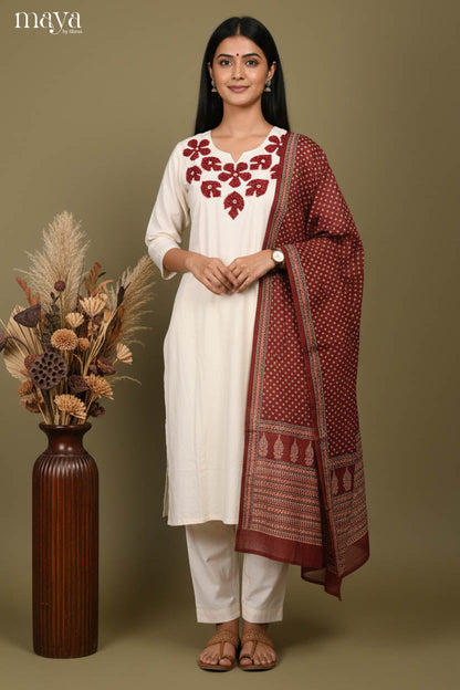Elegant Off-white Readymade Salwar Set with Embroidered Neck & Red Dupatta