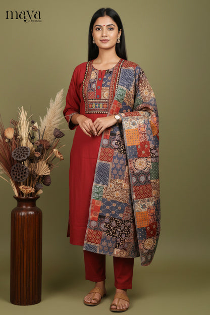 Pretty Maroon Cotton Salwar Set with Printed Yoke Neck & Patchwork Duppatta