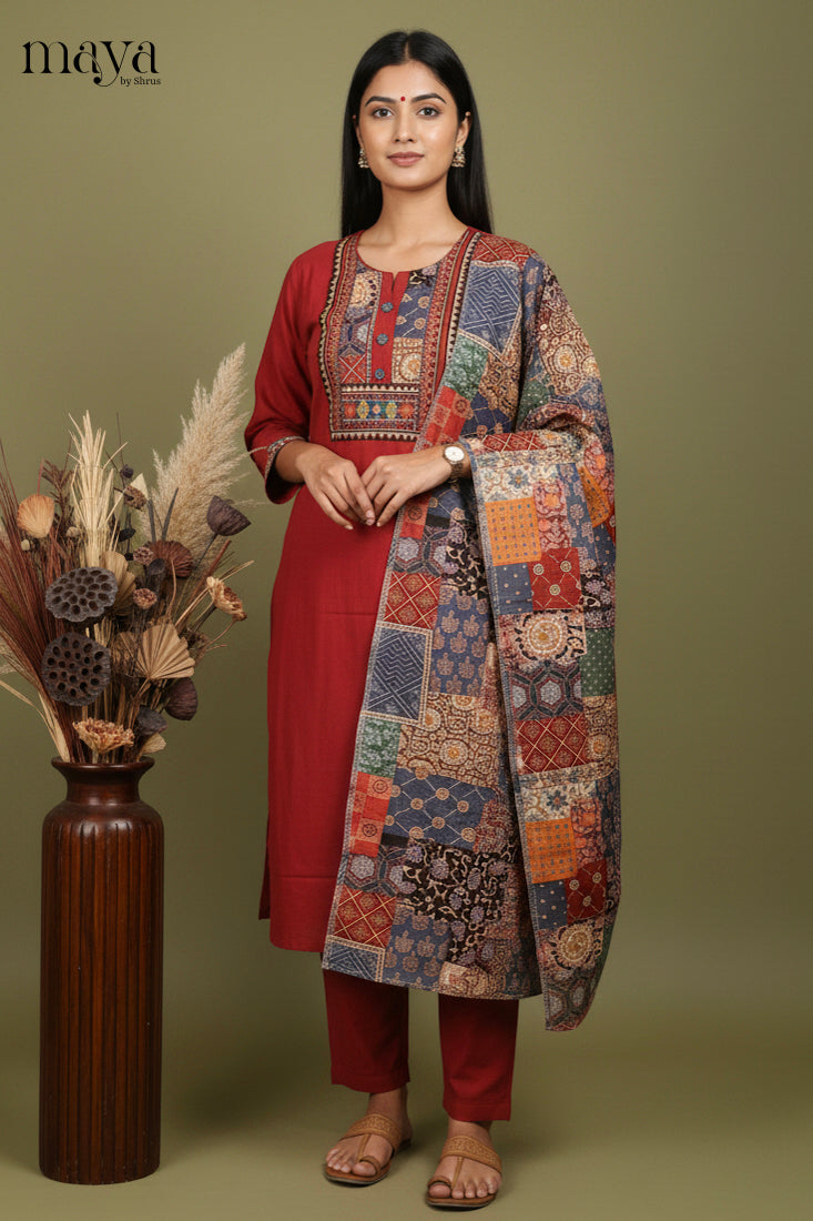 Pretty Maroon Cotton Salwar Set with Printed Yoke Neck & Patchwork Duppatta
