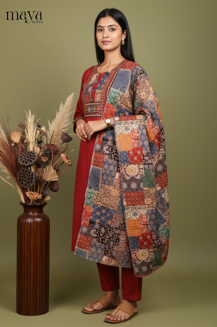 Pretty Maroon Cotton Salwar Set with Printed Yoke Neck & Patchwork Duppatta
