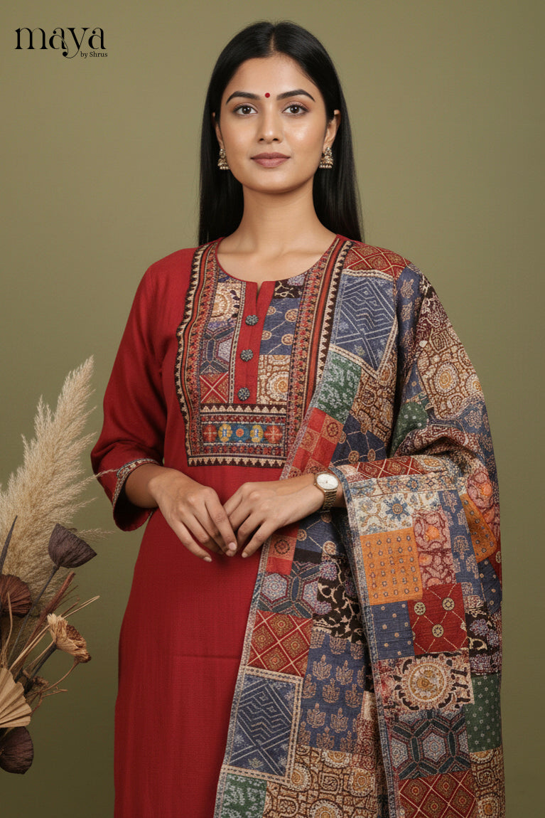 Pretty Maroon Cotton Salwar Set with Printed Yoke Neck & Patchwork Duppatta