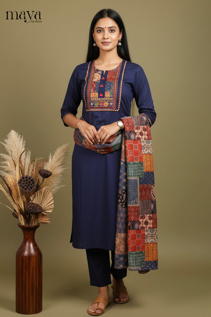 Stunning Navy Blue Cotton Salwar Set with Yoke Neck & Patchwork Pattern Dupatta