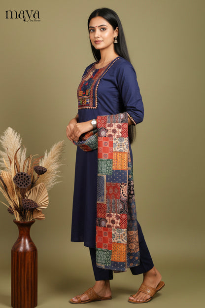 Stunning Navy Blue Cotton Salwar Set with Yoke Neck & Patchwork Pattern Dupatta