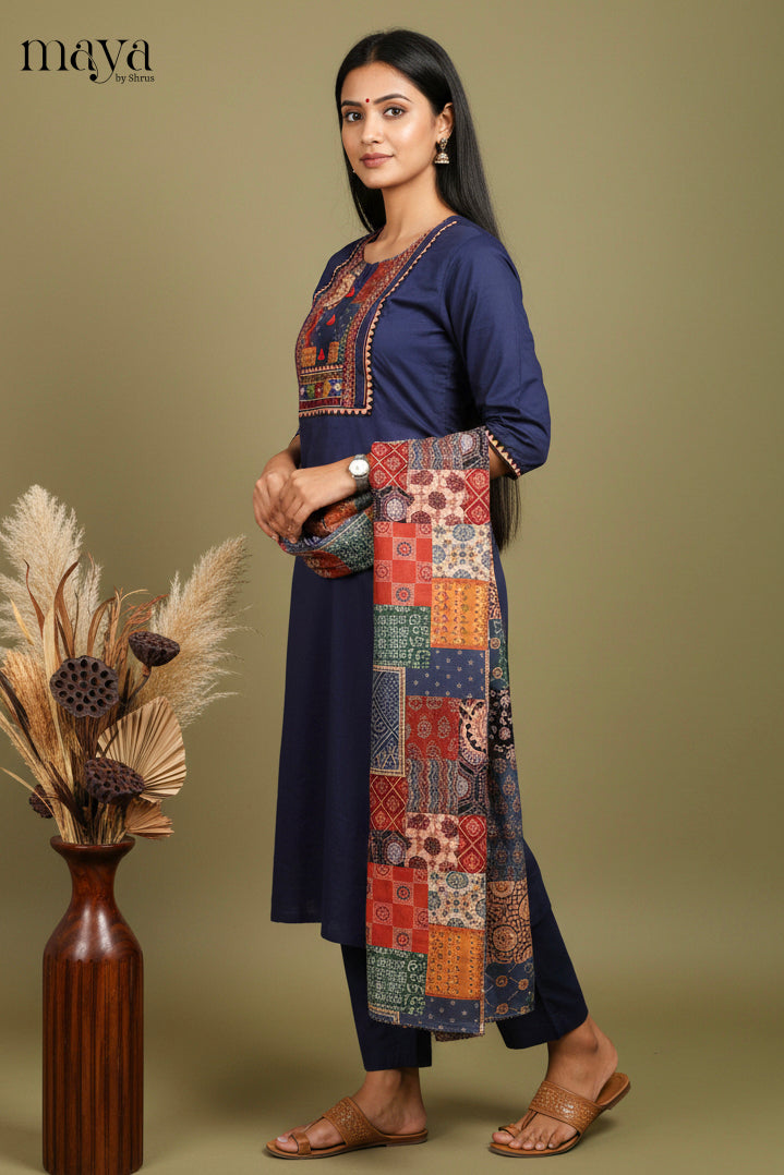 Stunning Navy Blue Cotton Salwar Set with Yoke Neck & Patchwork Pattern Dupatta