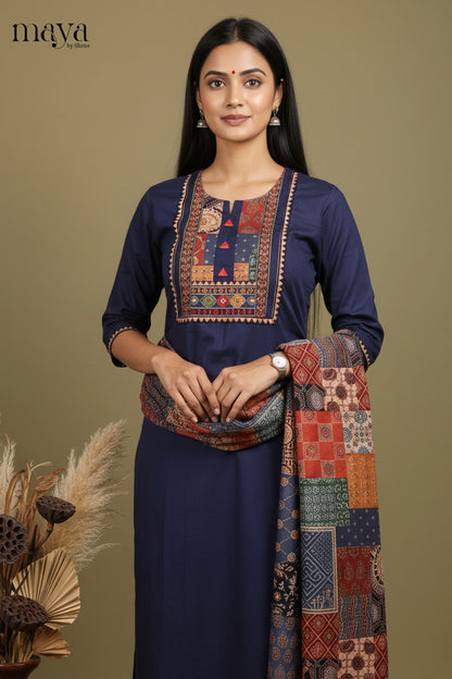Stunning Navy Blue Cotton Salwar Set with Yoke Neck & Patchwork Pattern Dupatta