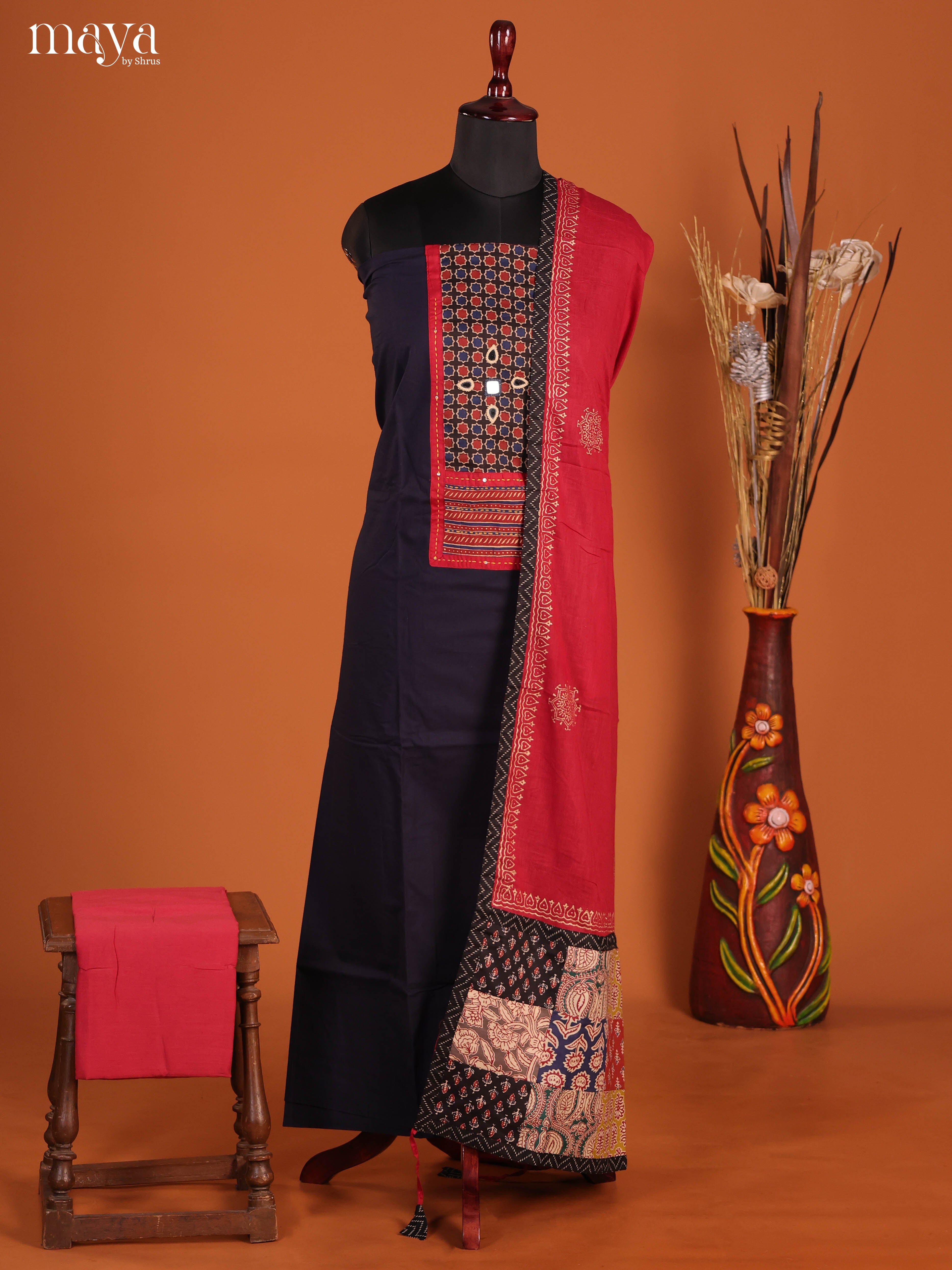 Stunning Black Ajrakh Cotton Salwar Material With Red Embroidered Yoke Neck