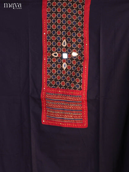 Stunning Black Ajrakh Cotton Salwar Material With Red Embroidered Yoke Neck
