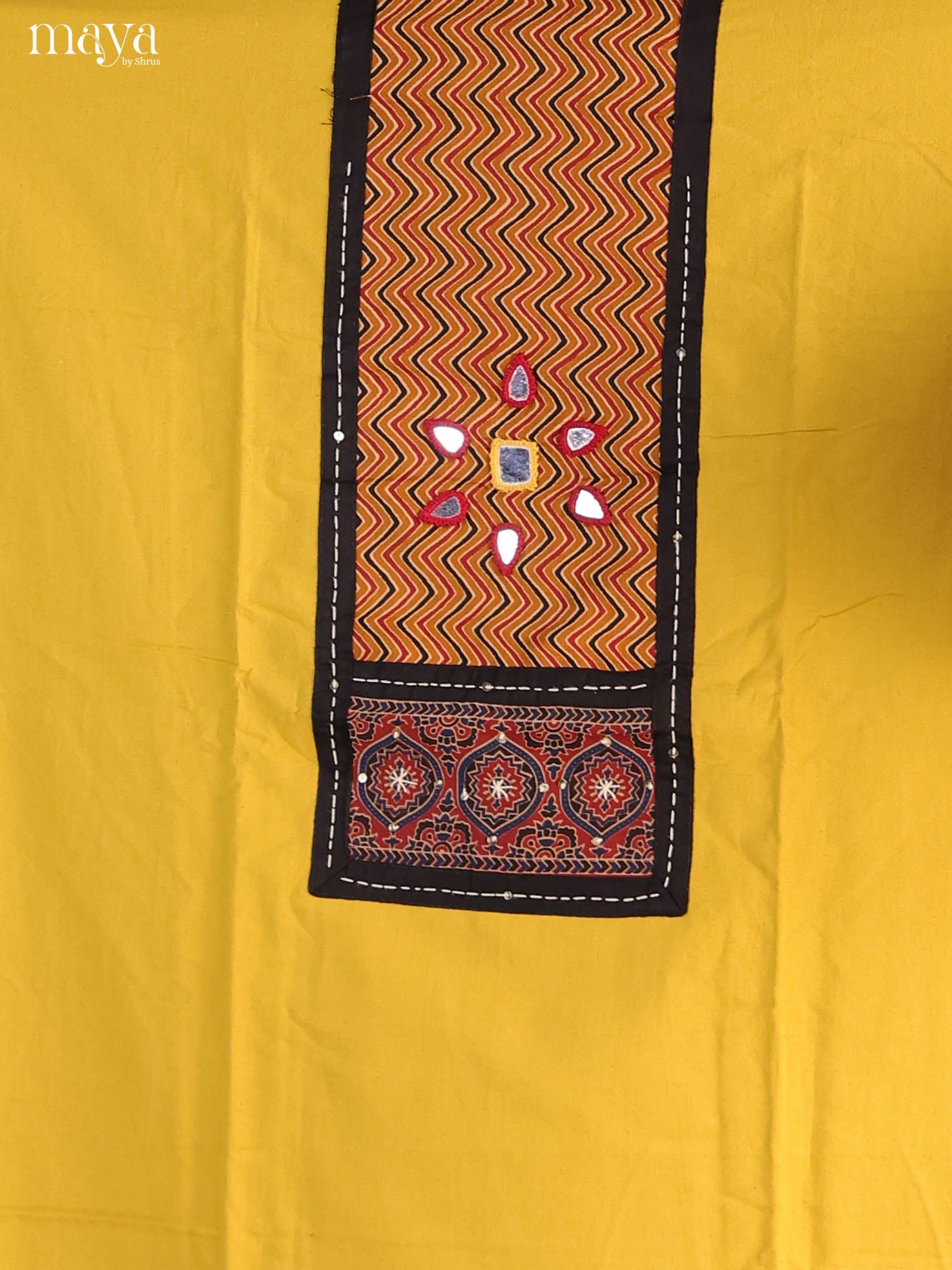 Vibrant Mustard Ajrakh Cotton Dress Material With Black Dupatta