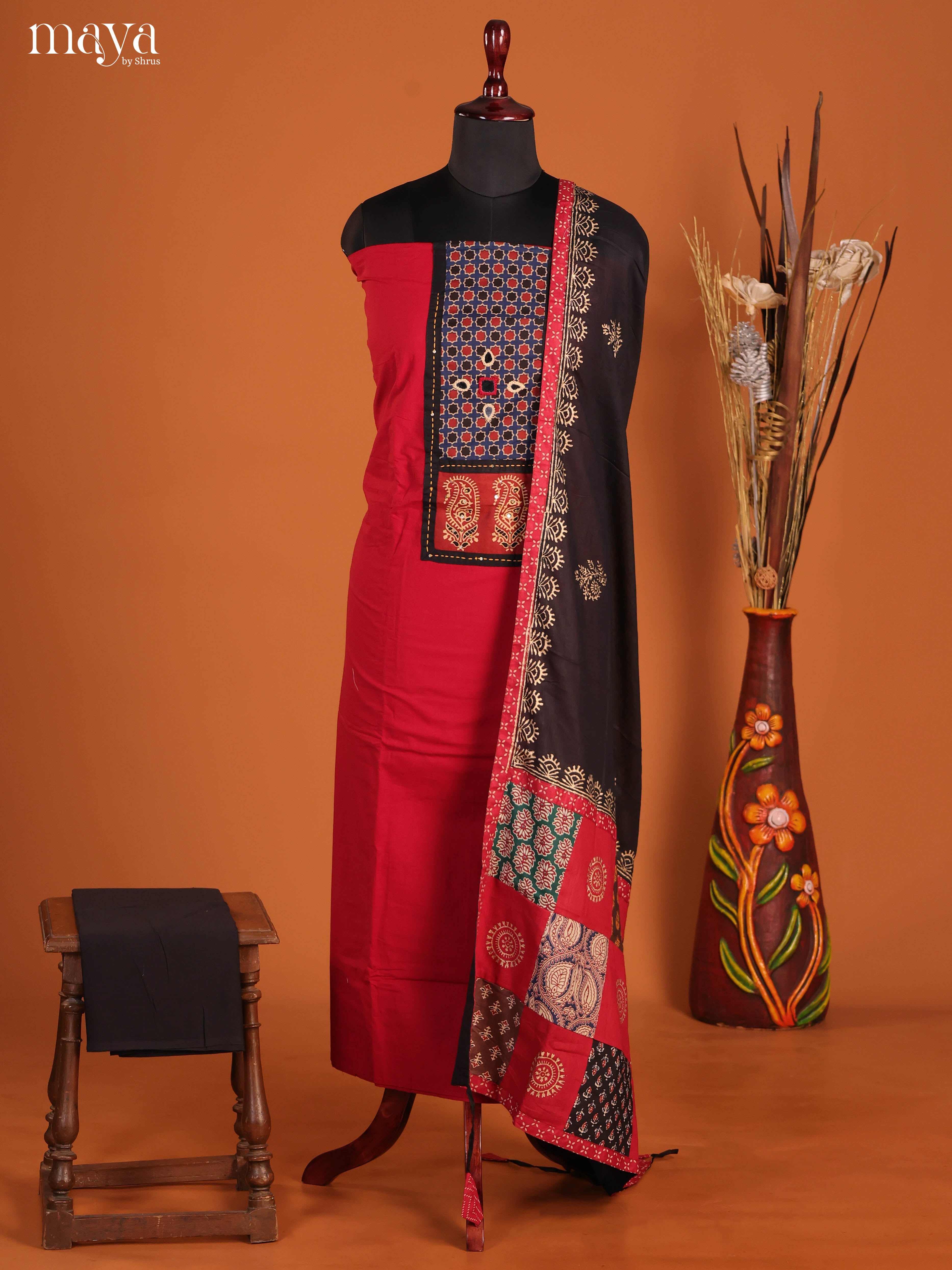 Striking Red Ajrakh Cotton Dress Material With Black Dupatta