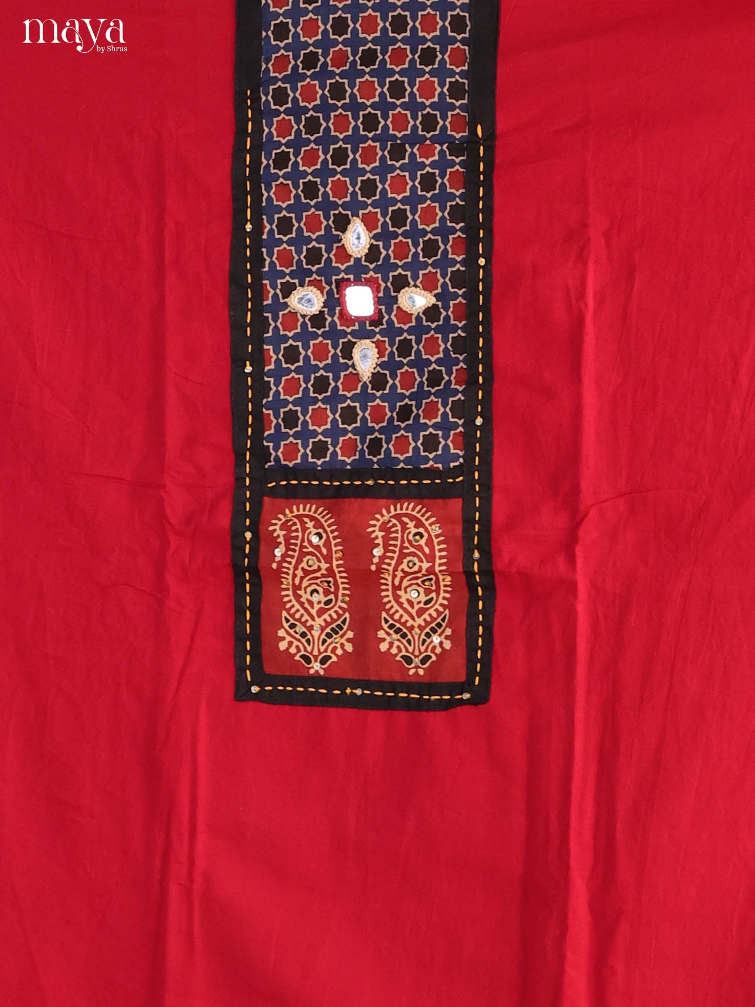Striking Red Ajrakh Cotton Dress Material With Black Dupatta