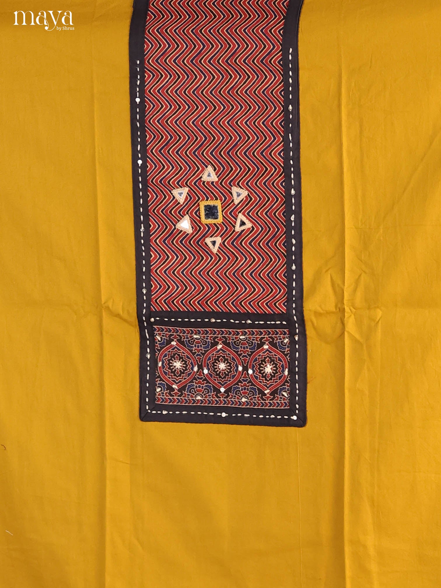 Vibrant Mustard Ajrakh Cotton Dress Material With Black Dupatta