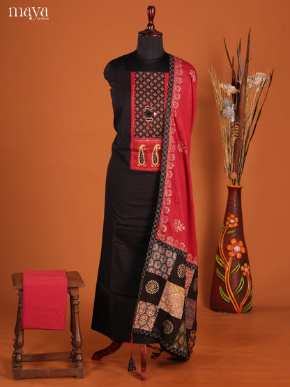 Classy Black Ajrakh Cotton Dress Material With Red Dupatta