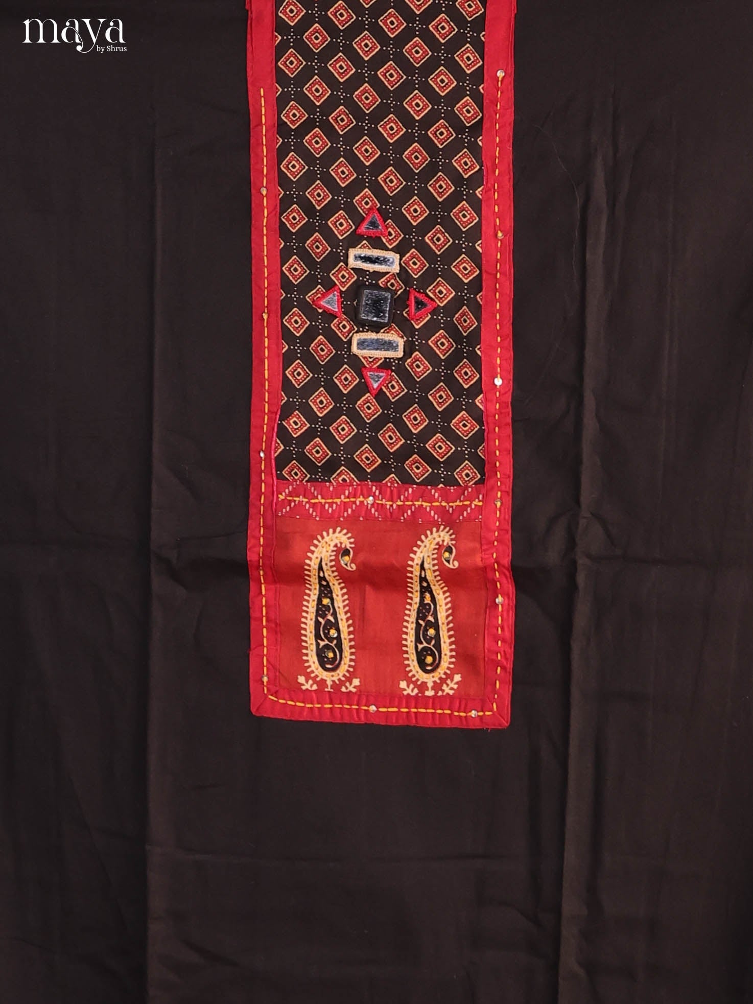 Classy Black Ajrakh Cotton Dress Material With Red Dupatta