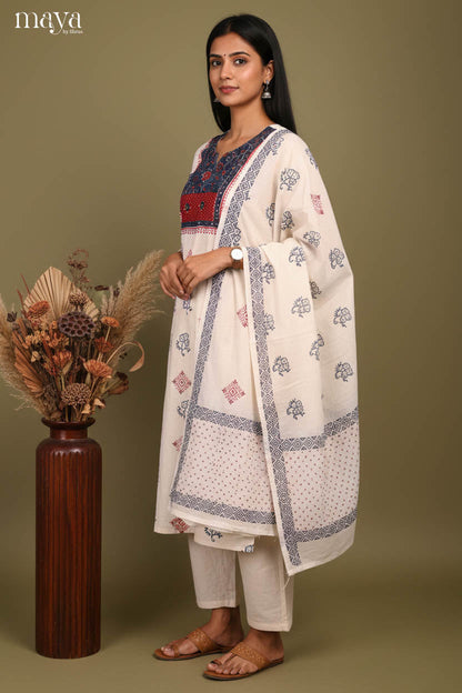 Classic White Readymade Salwar Set with Block Prints & Yoke Neck
