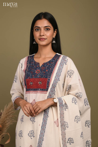 Classic White Readymade Salwar Set with Block Prints & Yoke Neck