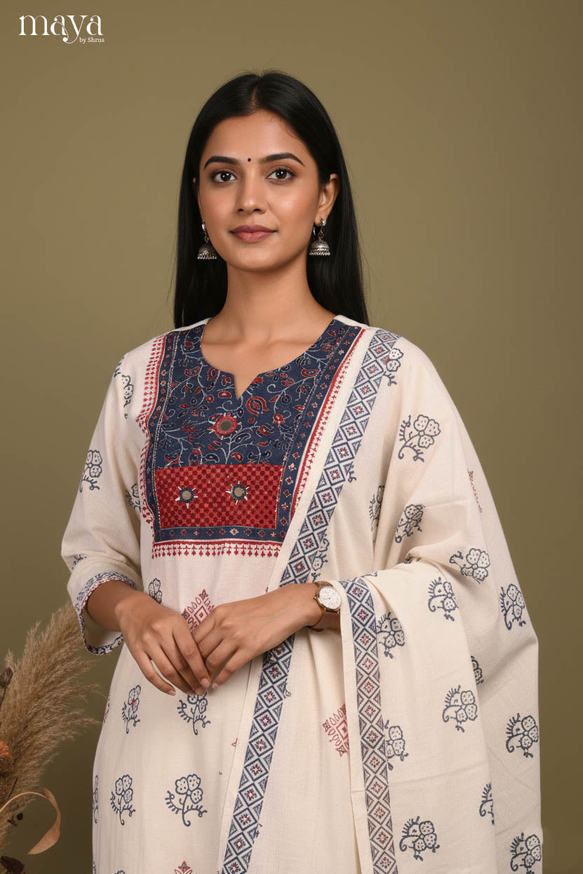 Classic White Readymade Salwar Set with Block Prints & Yoke Neck