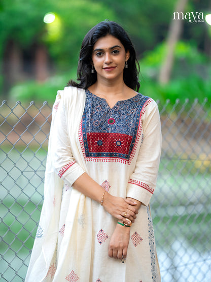 Charming Off white salwar suit With Printed Yoke Neck