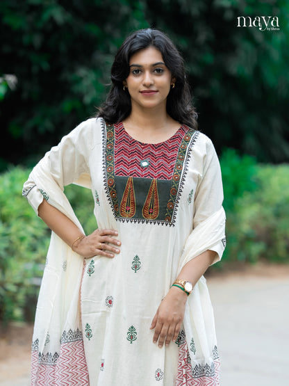 Exquisite White A-line Readymade Salwar Suit with Printed Design & Yoke Neck
