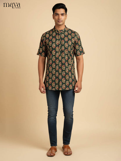 Stunning Bottle Green Kurta For Men With Medallion Prints