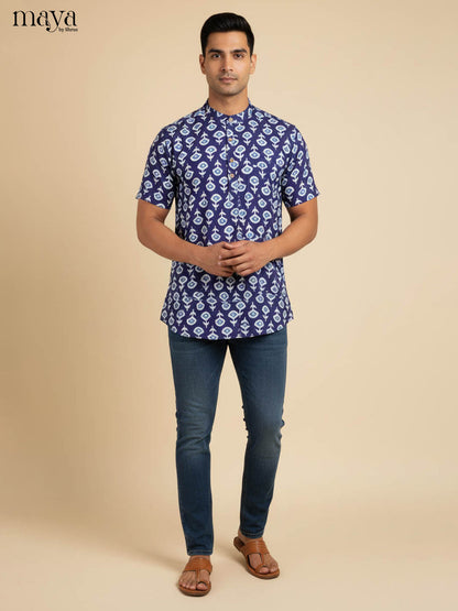 Artistic Indigo Kurta Shirt Printed With Floral Motifs