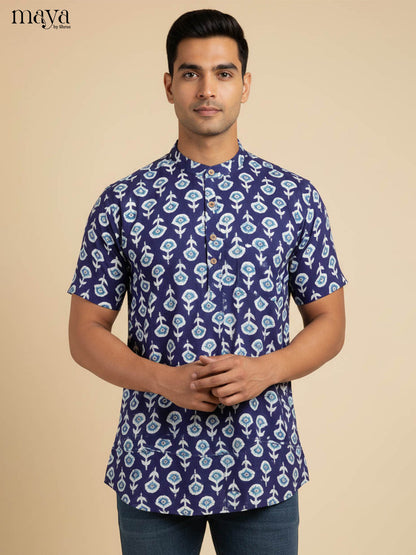Artistic Indigo Kurta Shirt Printed With Floral Motifs