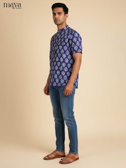 Artistic Indigo Kurta Printed With Leaf Motifs