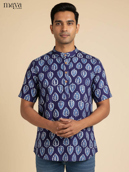 Artistic Indigo Kurta Printed With Leaf Motifs