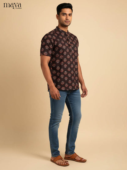 Classic Brown Kurta for Men With Ethnic Motifs