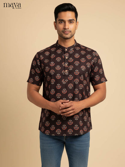 Classic Brown Kurta for Men With Ethnic Motifs